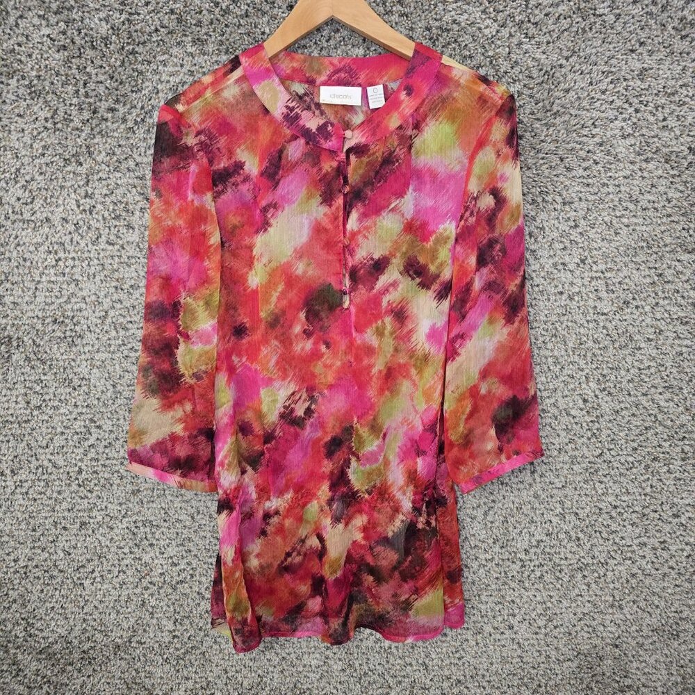 Chicos Top Womens 0 US‎ Small Pink Chiffon Printed Button Up Sheer Blouse Ladies